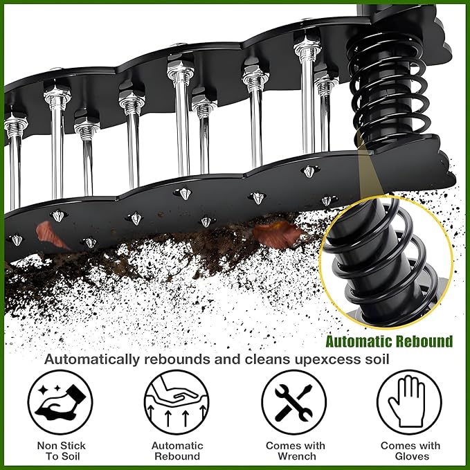 Manual Aerator Lawn Tool with Spring Base and 14 Steel Spike,Automatic Dirt and Leaf Clean,Grass Aerator for Loosening Soil in Yard, Gardan, Patio, Pre-Assembled Lawn Aerator Installation Kit