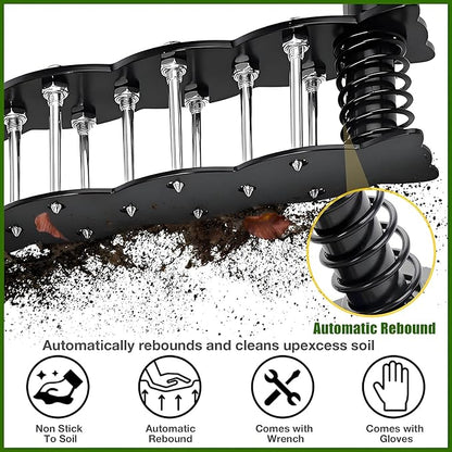 Manual Aerator Lawn Tool with Spring Base and 14 Steel Spike,Automatic Dirt and Leaf Clean,Grass Aerator for Loosening Soil in Yard, Gardan, Patio, Pre-Assembled Lawn Aerator Installation Kit