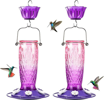 Kingsyard 2 Pack Glass Hummingbird Feeders for Outdoors Hanging, Wild Bird Nectar Feeder with 6 Feeding Ports, 24 oz Leak-Proof, Pink & Purple (Ant Moat Included)