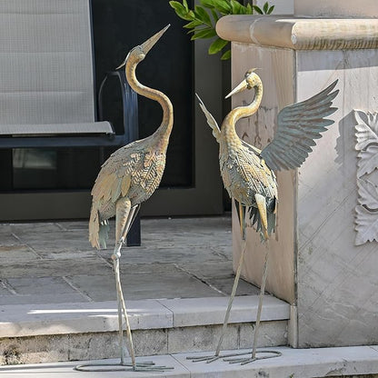 TERESA'S COLLECTIONS Garden Decor, Set of 2 Cranes Garden Decor, 25-26", Elegant Cranes with Golden Painting, Waterproof Metal Garden Statue, Herons Gifts Birthday Gifts for Women Mom