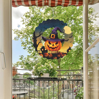 Hanging Halloween Metal Wind Spinner Witch's hat Wind Spinners 3D Hanging Skull Pumpkin Metal Wind Spinner for Halloween Yard Garden Outdoor Indoor Art Decor