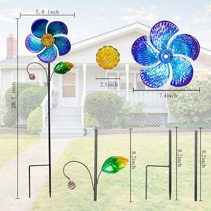 Viveta 2 Pack Wind Spinners with Metal Stake, 28.7 inches Outdoor Garden Pinwheels Spinners Blue Flower Shape Design for Yard Lawn Patio Decor
