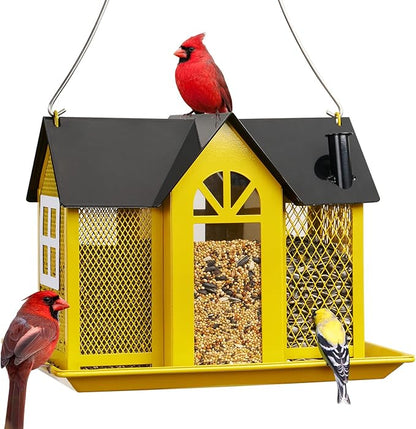 Kingsyard Bird Feeder House for Outside, Metal Mesh Wild Bird Feeder with Triple Feeders for Finch Cardinal Chickadee, Large Capacity, Weatherproof and Durable, Yellow