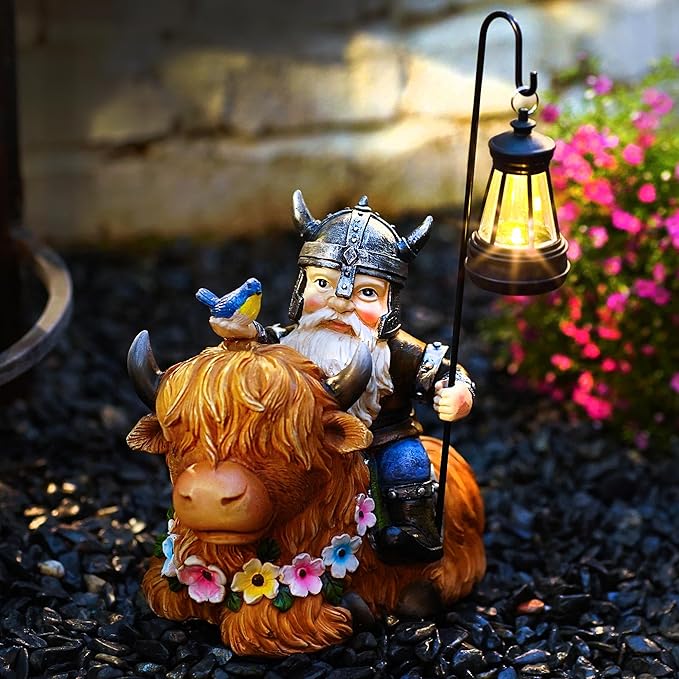 Garden Gnome Outdoor Statue 12 Inch Highland Cow Gnomes Decorations for Yard Patio Lawn Porch Birthday for Women, Mother’s Day, Housewarming with Solar Light Funny Decor for Outside
