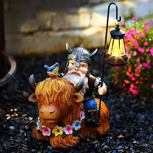 Garden Gnome Outdoor Statue 12 Inch Highland Cow Gnomes Decorations for Yard Patio Lawn Porch Birthday for Women, Mother’s Day, Housewarming with Solar Light Funny Decor for Outside