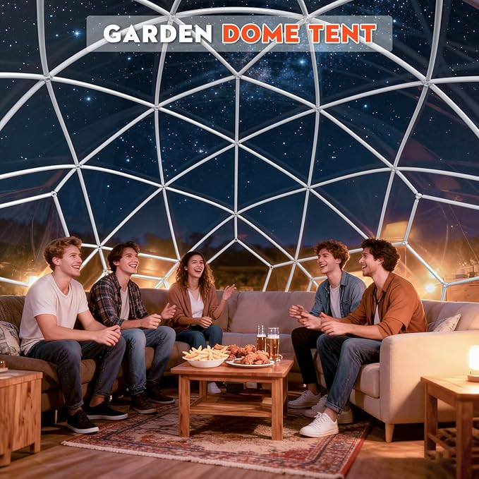 12FT Garden Dome Tent, Geodesic Dome Greenhouse with PVC Clear Cover, Waterproof Garden Bubble Dome Tent House with 2 x 10M Light Strings for Outdoor, Patio, Backyard, Party (White Edge, 15FT/4.6M)