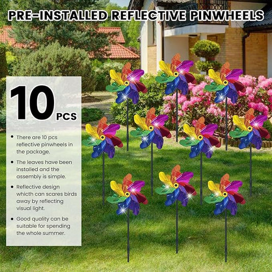 10 PCS Reflective Pinwheels for Yard and Garden Bird Devices Pre-Installed Sparkly Wind Spinner Deterrent to Scare Birds Away from Yard Patio Farm (Multicolor-2)
