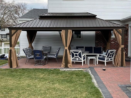 12' x 18' Hardtop Gazebo, Domi Outdoor Aluminum Metal Gazebo with Curtains and Netting, Galvanized Steel Double Canopy for Patios, Deck, Backyard