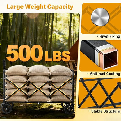 Yobller Wagons Carts Foldable,Large Capacity Foldable Wagon Cart Collapsible Wagon with Wheels & Drink Holders,Utility Folding Cart for Camping Garden Grocery Shopping