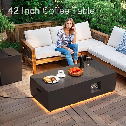 42" Outdoor Fire Pit Table, 50,000 BTU Gas Fire Pit with Glass Wind Guard, Fire Stones, Waterproof Cover, Propane Fire Pit Table for Outside Patio (Warm Light, Black)