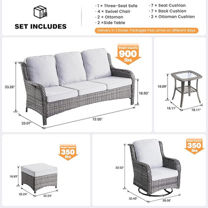 ovios 9 Pieces Patio Furniture Set, Outdoor Wicker Sofa Couch with Swivel Chairs Ottomans Comfy Cushions, High Back All Weather Modern Conversation Sets, Grey Rattan, Grey