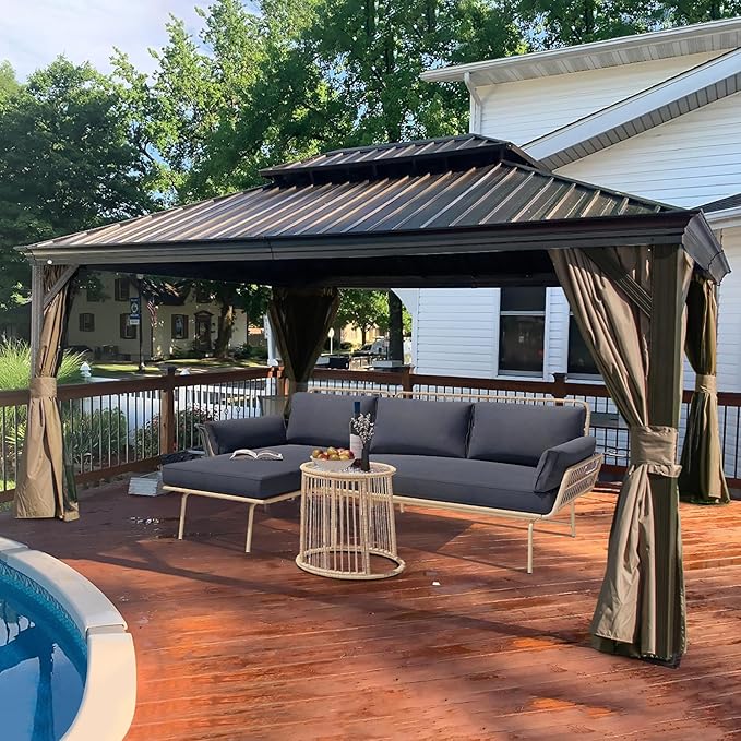 Domi 12'x16' Hardtop Gazebo with Gutters, Outdoor Aluminum Frame Canopy with Galvanized Steel Double Roof, Outdoor Permanent Metal Pavilion with Curtains and Netting