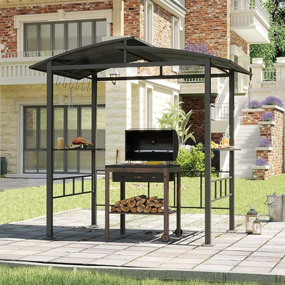 Tangkula 8x5 FT Hardtop Grill Gazebo, Outdoor Double-Tiered Barbecue Canopy with Vented Polycarbonate Roof, 2 Side Shelves, 6 Hooks, Outdoor Grill Shelter for Patio Garden Lawn Deck (Black)