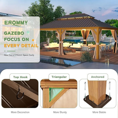 EROMMY 12'x22' Gazebo, Wooden Finish Coated Aluminum Frame Pergola with Double Galvanized Steel Hardtop Roof, Outdoor Permanent Metal Pavilion with Curtains and Nettings for Patio, Backyard and Deck