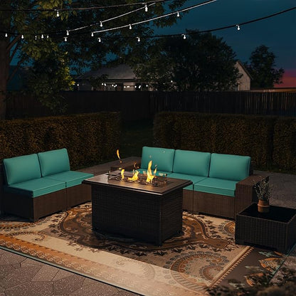 Patio Furniture Set with Propane Fire Pit, 7-Piece Outdoor Sectional Sofa Conversation Set w/ETL Approved 43" Gas Fire Table & Coffee Table - Turquoise