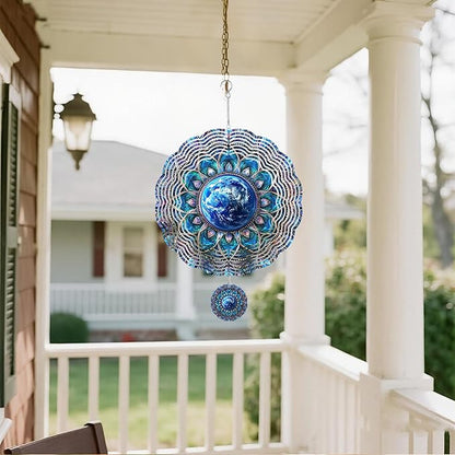 Wind Spinners Outdoor, Retro Blue Lotus Earth 3D Stainless Steel Wind Sculpture Spinner for Garden Outside Hanging Decor Mother's Day Christmas Birthday Gift for Women Men Mom Nana 9.8 in