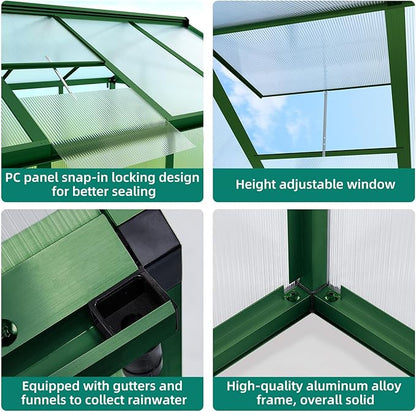 Garvee 6x8 ft Greenhouse - Aluminum Greenhouses for Outdoors, Large Polycarbonate Greenhouse with Roof Vent, Heavy Duty Walk-in Green Houses for Outside Garden, Backyard, Patio, Lawn, Easy Assembly