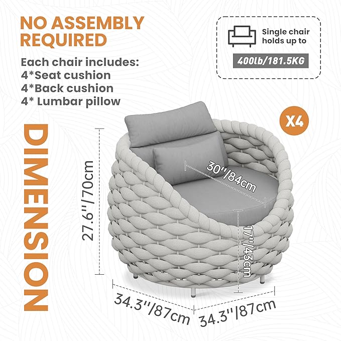 Patio Accent Chairs Set of 4: Aluminum Porch Lounge Chair with Arms - Woven Rope Cushioned Armchair - Modern One Seater Chair - Outdoor Deck Furniture for 400lbs Balcony Lanai Garden Hotel, Gray