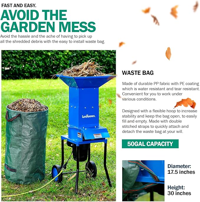 Landworks Electric Leaf Mulcher & Shredder - 15-AMP, 1800W, Steel Construction, 11" Blades, 0.5" Cutting Capacity, 120V AC for Dry Leaves, Grass, & Yard Clippings