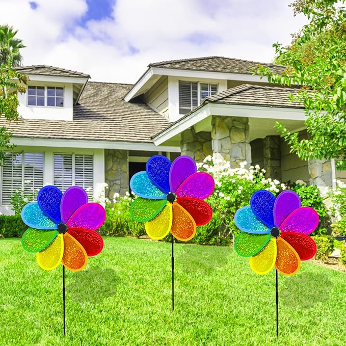 4PCS Flower Wind Spinner Sparkly Lawn Pinwheel 11.8 inch Colorful Rainbow Garden Windmill for Garden, Party, Outdoor, Yard Decor