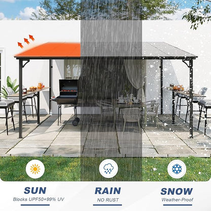 MEISSALIVVE 12' x 14' Wall Mounted Gazebo, Outdoor BBQ Grill Gazebo with Side Shelf, Lean to Metal Awnings with Sloped Roof, Heavy Duty Pergola for Backyard, Deck, Black