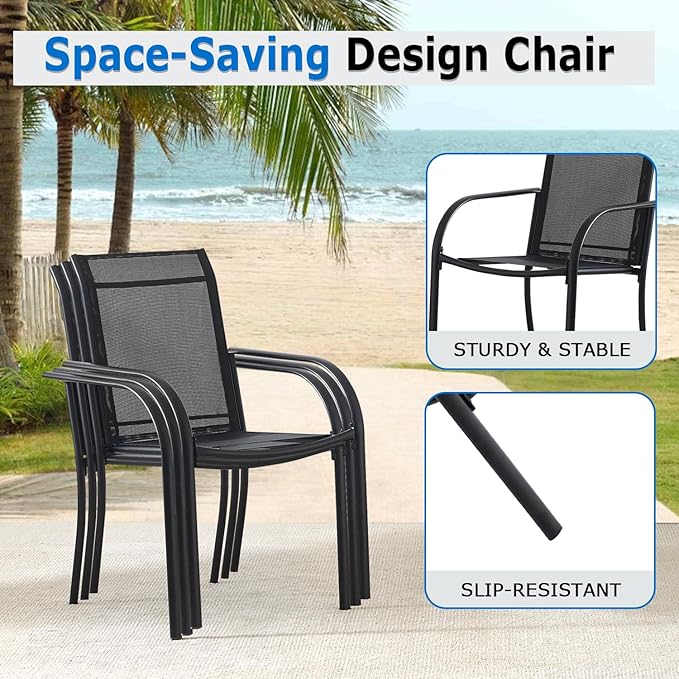 Outdoor Dining Chairs Set of 2, Stackable Patio Chair with Textilene Fabric, Lightweight Garden Chairs for Poolside, Backyard, Camping, Black