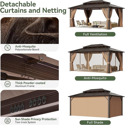 Aoxun 12'x16' Hardtop Gazebo, Aluminum Frame Permanent Pavilion with Curtains and Netting, Outdoor Polycarbonate Double Roof Canopy, and LED Outdoor Waterproof Hanging Lights