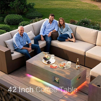 42" Outdoor Fire Pit Table, 50,000 BTU Gas Fire Pit with Glass Wind Guard, Fire Stones, Waterproof Cover, Propane Fire Pit Table for Outside Patio (RGB Light, Brown)