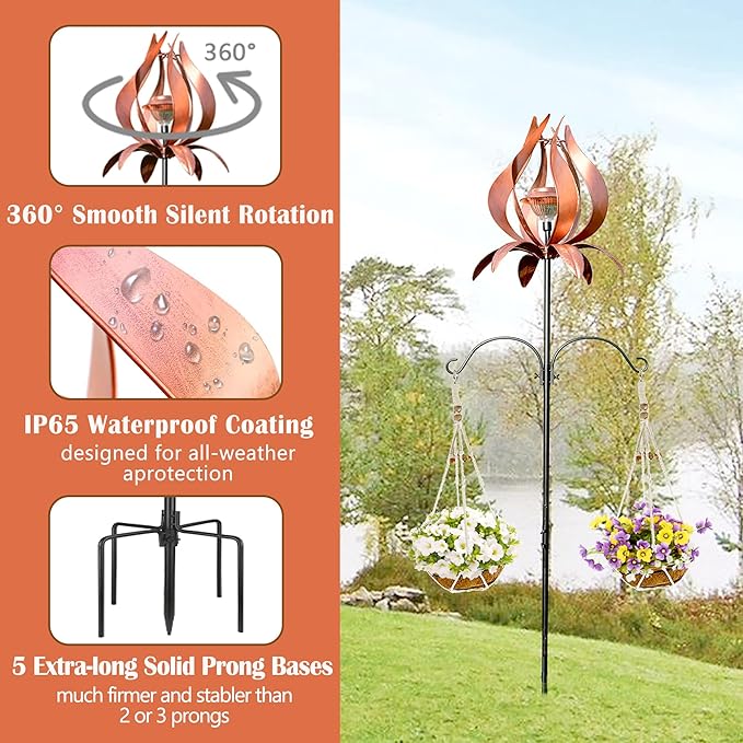 Solar Wind Spinner Outdoor Metal 83 Inch Windmill for Yard Garden Patio Decor Metal Yard Art Garden Art Easter Outdoor Decors Large Landscape Light with Shepherd Hooks Coconut Baskets