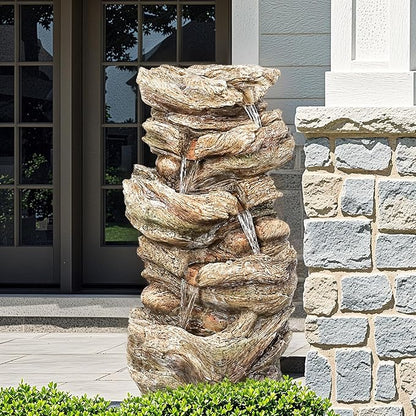 32" High Outdoor Water Fountain, 5-Tiers Cascading Rock Waterfall with LED Lights for Garden, Patio, Yard Decor, Soothing Tranquility for Any Outdoor Living Space