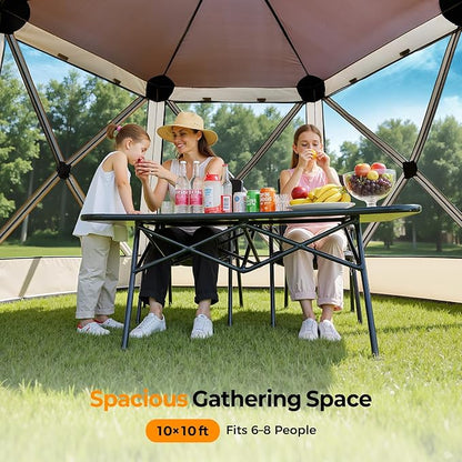 Tecoom 6-Sided Pop Up Gazebo Tent, Screen House with Mosquito Netting Canopy for Camping, 10x10ft Portable Sun Shelter Removable Siedwalls for Outdoor, Garden, Activities, Khaki