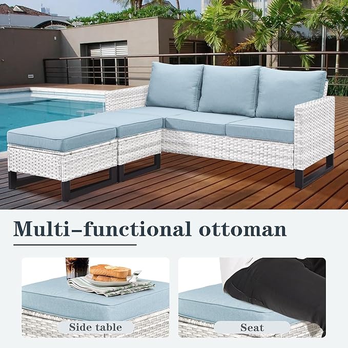 Wicker Patio Furniture Set, 6 PCS Outdoor Patio Furniture Set with Swivel Chairs, Includes 2 Swivel Patio Chairs, 1 Outdoor Couch, 1Side Table and 2 Ottoman, Light Beige/Light Blue
