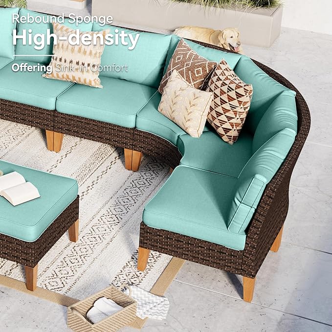 GREEN PARTY 11 Pieces Wicker Patio Furniture Set, All-Weather Outdoor Rattan Half-Moon Curved Patio Sectional Sofa Conversation Set with 4" Thick Cushions for Garden, Backyard, 2 x Ottomans (Blue)