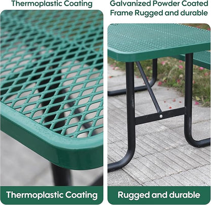 4FT Outdoor Picnic Tables,Heavy-Duty Metal Rectangular Picnic Table,Expanded Metal Commercial-Grade Table with 2 Benches & Umbrella Hole,Waterproof Coating Beach Table for Patio,Garden, Backyard
