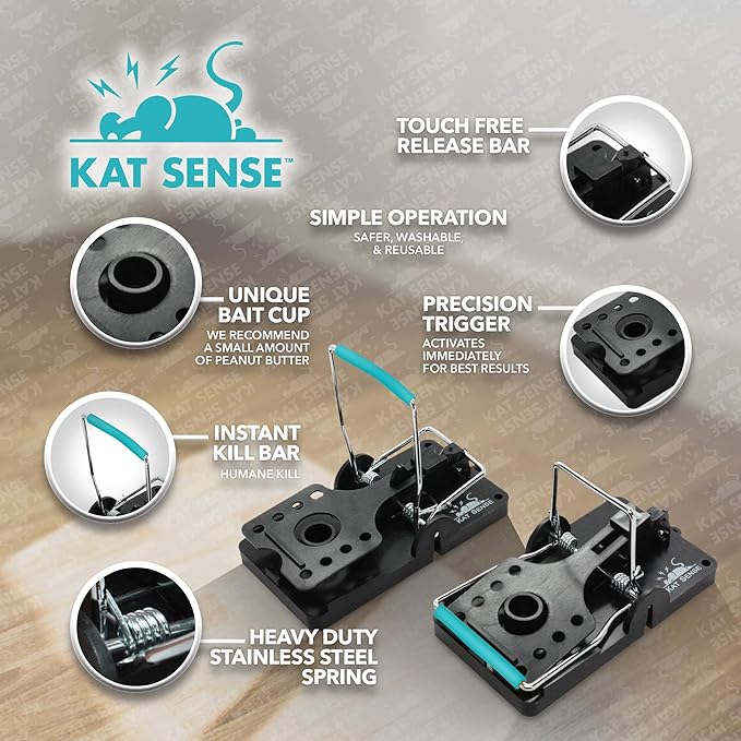 Kat Sense Large Rat Snap Traps Set of 6 - Stainless Steel Bar Design, Humane Rat Trap Indoor & Outdoor Use, Mouse Catcher for Repeat Use, High Precision Triggering, Traps for Rats, Mice, Chipmunks