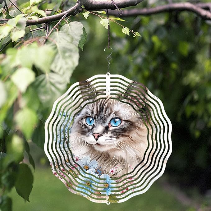 10 Inch Cat Wind Spinner, 3D Stainless Steel Hanging Kinetic Wind Sculpture Gifts for Garden Decor Yard Art Indoor Outdoor Window Porch Front Door Decoration