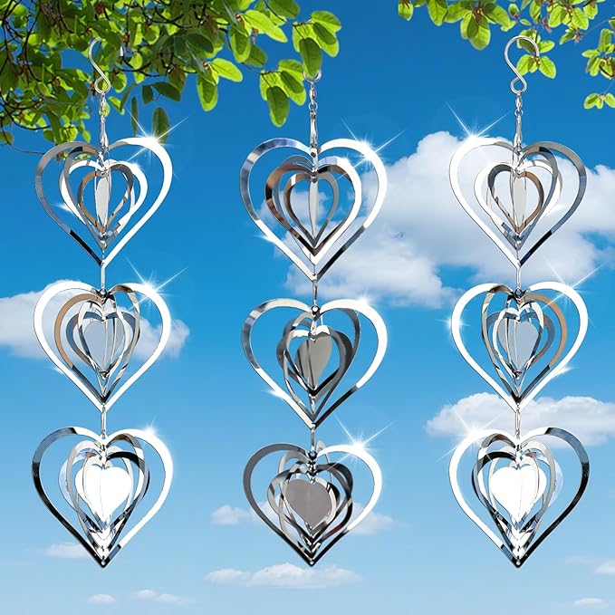 DELAVIDA Stainless Steel Bird Scare Devices, 3D Wind Spinners Outdoor, 9 Discs Set, Reflective Decor to Keep Swallow Pigeon Sparrow Away from House Patio Garden (Heart)