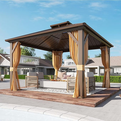 YOLENY 12' x 12' Gazebo Hardtop with Aluminum Frame,Galvanized Steel Double Roof Gazebos with Curtain and Netting,Outdoor Metal Pergolas for Garden, Lawn, Deck, Brown