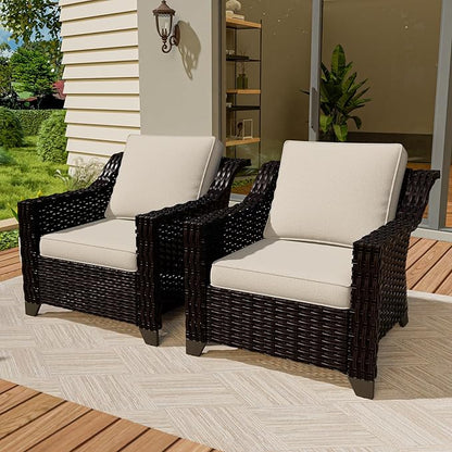 Vista Vibe 2 Pieces Outdoor Armchairs, Patio Conversation Furniture Set, Washable Cushions, Luxurious Hand-Woven PE Rattan, Garden, Bistro, Deck, Backyard (Brown/Beige)