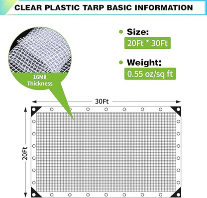 20Ftx30Ft Clear Greenhouse Plastic Covering, 16Mil Thickness Heavy Duty Clear tarp for Chicken coop, Greenhouse Plastic sheeting with Hemmed Edges & preinstalled Grommets.