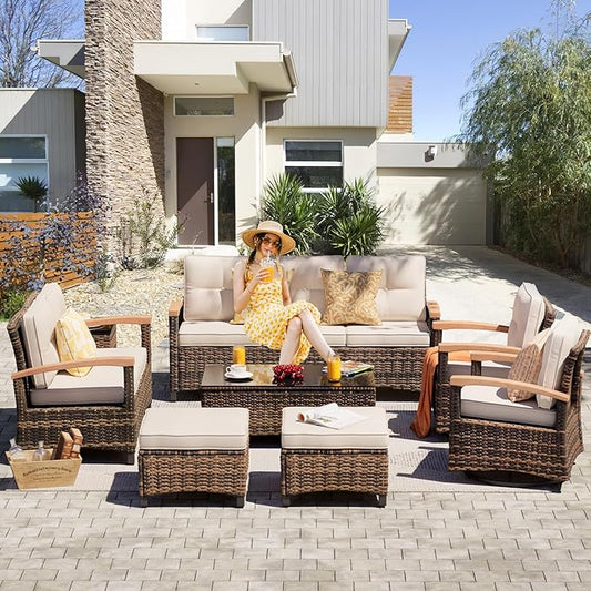 MEISSALIVVE 8 Pieces Patio Furniture Sets, PE Wicker Outdoor Conversation Sets with 2 Wood Armrests Swivel Rocker Chairs, 2 Ottomans, 2 Sofas and Coffee Table(Brown)