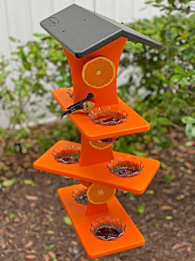 DutchCrafters Plastic Poly Double Platform Hanging Oriole Bird Feeder with Fruit Slice Holders & Nectar Cups, Jelly Bird Feeders for Outside - Amish Made in USA (Triple, Black & Bright Orange)