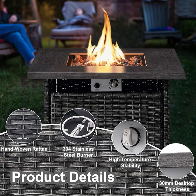HUMMUH 8 Piece Patio Furniture with Fire Pit,PE Wicker Outdoor Conversation Sets-6-Seater Sofa,Patio Swivel Chairs Outdoor Chairs, Propane Fire Pit,Side Table for Porch,Garden,Backyard