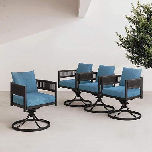 Grand patio Outdoor Dining Chairs Set of 4, 4 Pieces Patio Dining Chairs, Metal Woven Wicker Swivel Patio Chairs with Peacock Blue Cushions for Backyard, Deck, Garden, Porch, Lawn and Poolside (Brown)