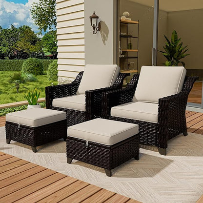 Vista Vibe 4 Pieces Outdoor Patio Conversation Furniture Set - 2 Luxurious Armchairs | 2 Wicker Ottomans, Removable Cushions, Hand-Woven PE Rattan, Office, Porch (Brown/Beige)