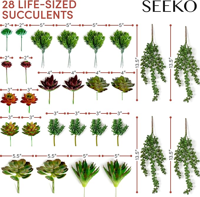 SEEKO Succulents Artificial Plants (28 Pack) - Artificial Succulents Unpotted - Premium Faux Plants - Fake Succulent for Craft - Small Plastic Assortment for Party, Cake, Garden, Home & Outdoor Decor