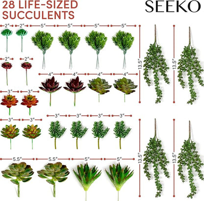 SEEKO Succulents Artificial Plants (28 Pack) - Artificial Succulents Unpotted - Premium Faux Plants - Fake Succulent for Craft - Small Plastic Assortment for Party, Cake, Garden, Home & Outdoor Decor