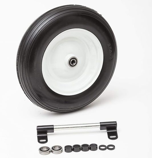 Flat Free Universal Wheelbarrow Replacement Tire | Complete Wheel Assembly | White Rim and Ribbed Tread | 14" Wheel | Adapter Kit Included