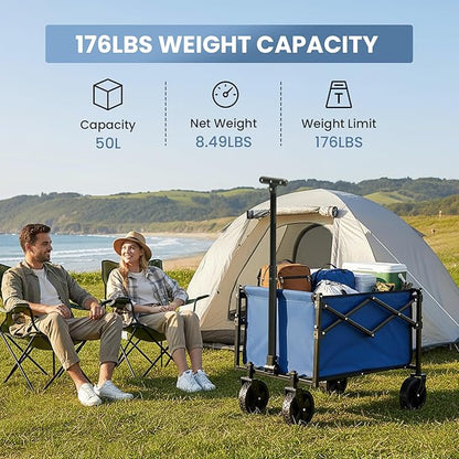 DUMOS Collapsible Wagon with Wheels, 176 lbs Wagons Carts Foldable Wagon Cart with Flexible Handle, Lightweight Portable Folding Utility Grocery Shopping Cart for Grocery Sports Garden Camping