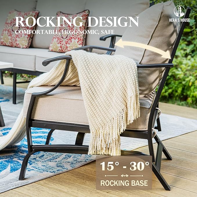 HERA'S HOUSE 4 Piece Patio Furniture Set, 2 x Rocking Metal Frame Cushioned Chair, 3-Seat Sofa with Marbling Coffee Table, All Weather Outdoor Conversation Set for Lawn Garden Backyard